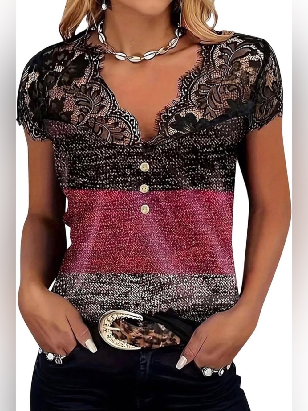 Flamingals Womens V Neck Short Sleeve Lace Tops Sexy Blouses L PS1-12